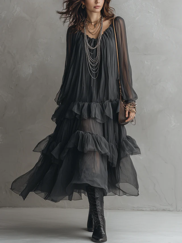Effortless Black Sheer Tiered Maxi Dress for Women with V-Neck Flowing Ruffle Style