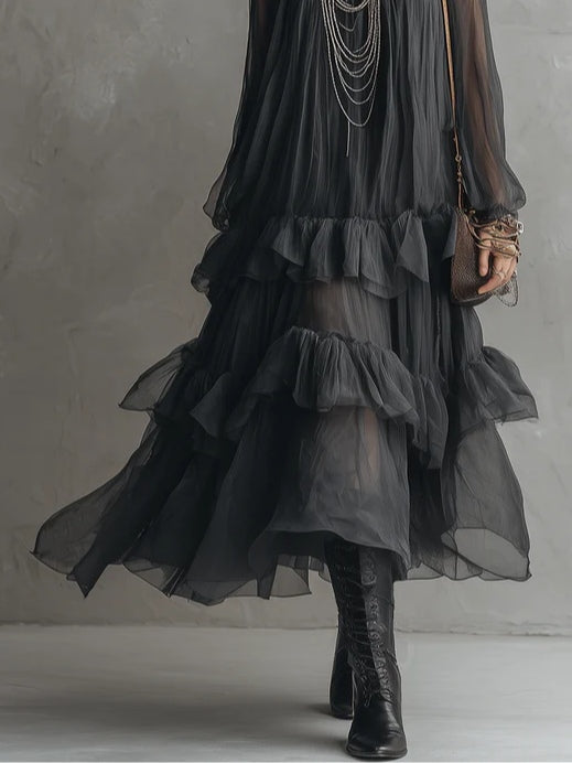 Effortless Black Sheer Tiered Maxi Dress for Women with V-Neck Flowing Ruffle Style