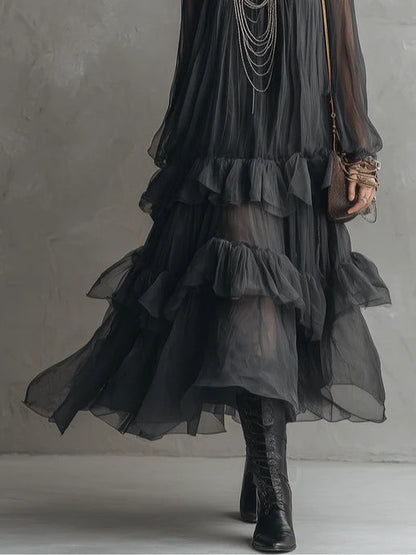Effortless Black Sheer Tiered Maxi Dress for Women with V-Neck Flowing Ruffle Style