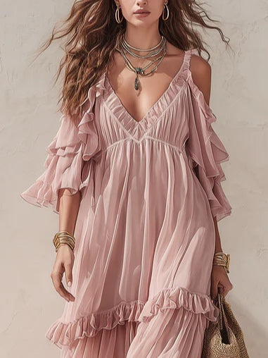 Elegant Pink Tiered Maxi Dress for Women with V-Neck Ruffle Flowing Style