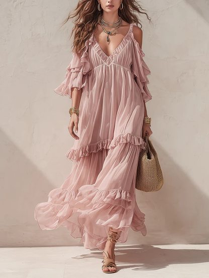 Elegant Pink Tiered Maxi Dress for Women with V-Neck Ruffle Flowing Style