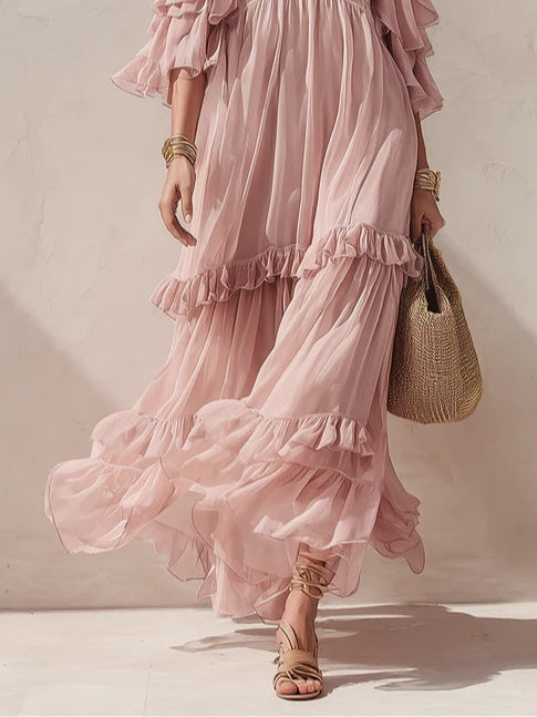 Elegant Pink Tiered Maxi Dress for Women with V-Neck Ruffle Flowing Style