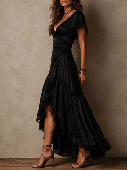 Elegant Black Wrap Maxi Dress for Women with V-Neck Ruched Thigh Slit Formal Wedding Guest Style