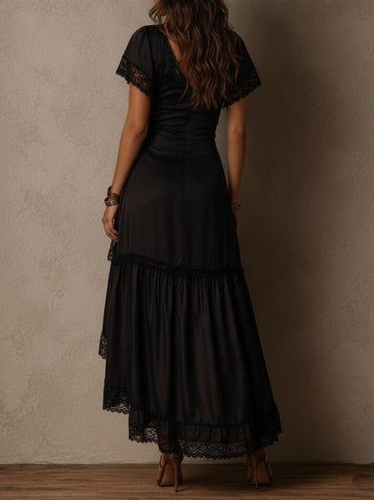 Elegant Black Wrap Maxi Dress for Women with V-Neck Ruched Thigh Slit Formal Wedding Guest Style