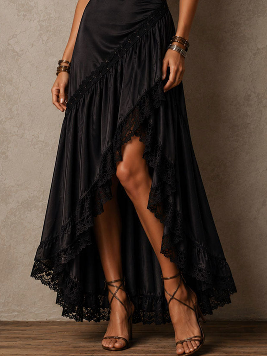 Elegant Black Wrap Maxi Dress for Women with V-Neck Ruched Thigh Slit Formal Wedding Guest Style