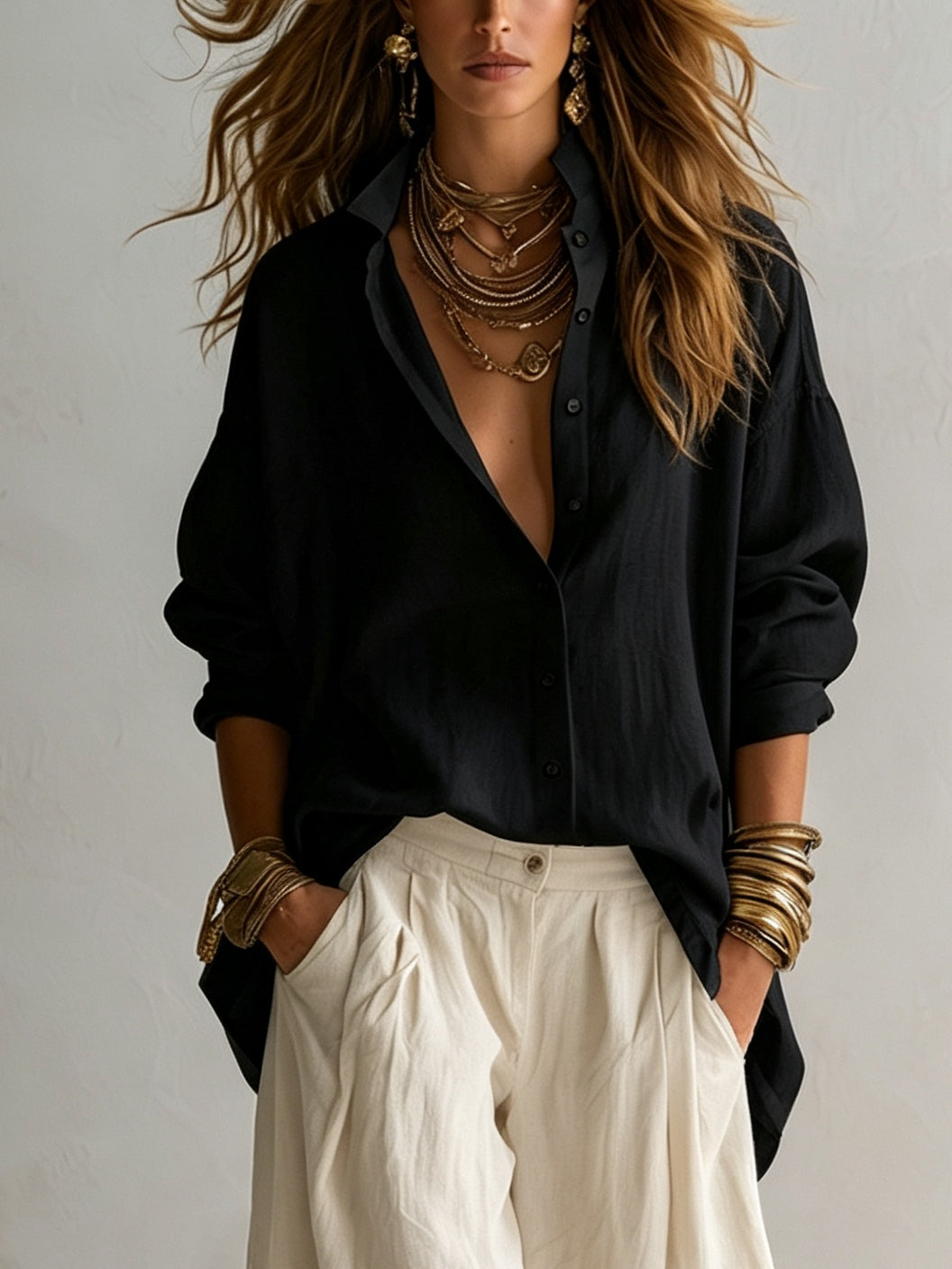 Effortless Two Piece Set for Women with Button Up Shirt Wide Leg Harem Pants Relaxed Casual Style