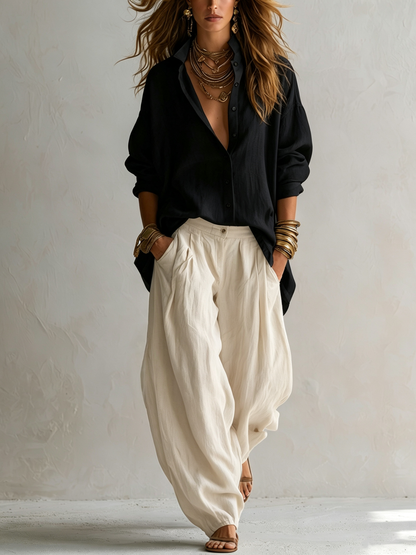 Effortless Two Piece Set for Women with Button Up Shirt Wide Leg Harem Pants Relaxed Casual Style