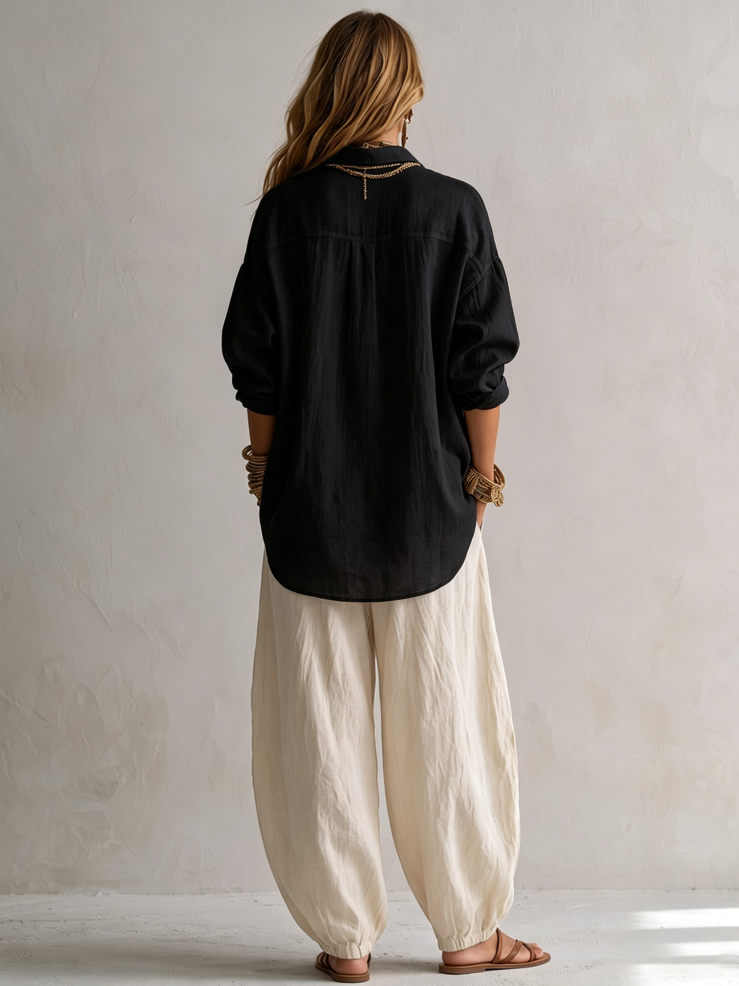 Effortless Two Piece Set for Women with Button Up Shirt Wide Leg Harem Pants Relaxed Casual Style