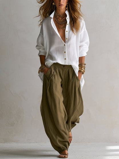 Effortless Olive Wide Leg Pants for Women with High Waist Drawstring Flowing Harem Style