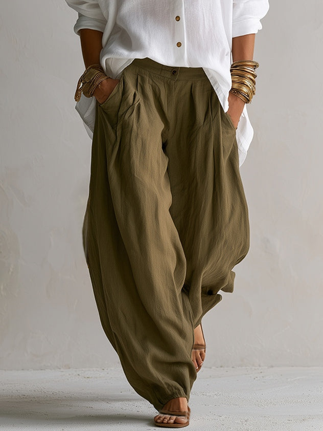 Effortless Olive Wide Leg Pants for Women with High Waist Drawstring Flowing Harem Style