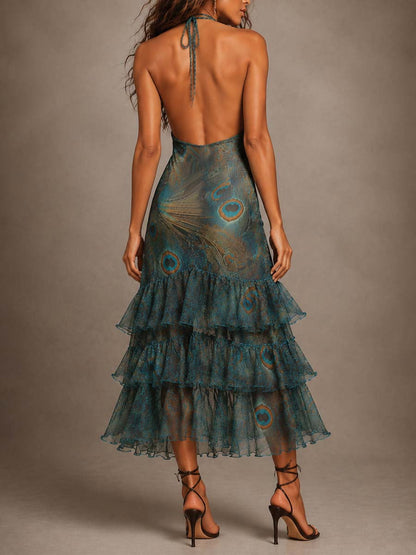 Elegant Blue Halter Maxi Dress for Women with V-Neck Ruffle Tiered Hem