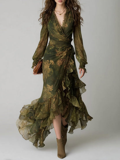 Elegant Green Floral Wrap Maxi Dress for Women with V-Neck Ruffle Tiered Hem