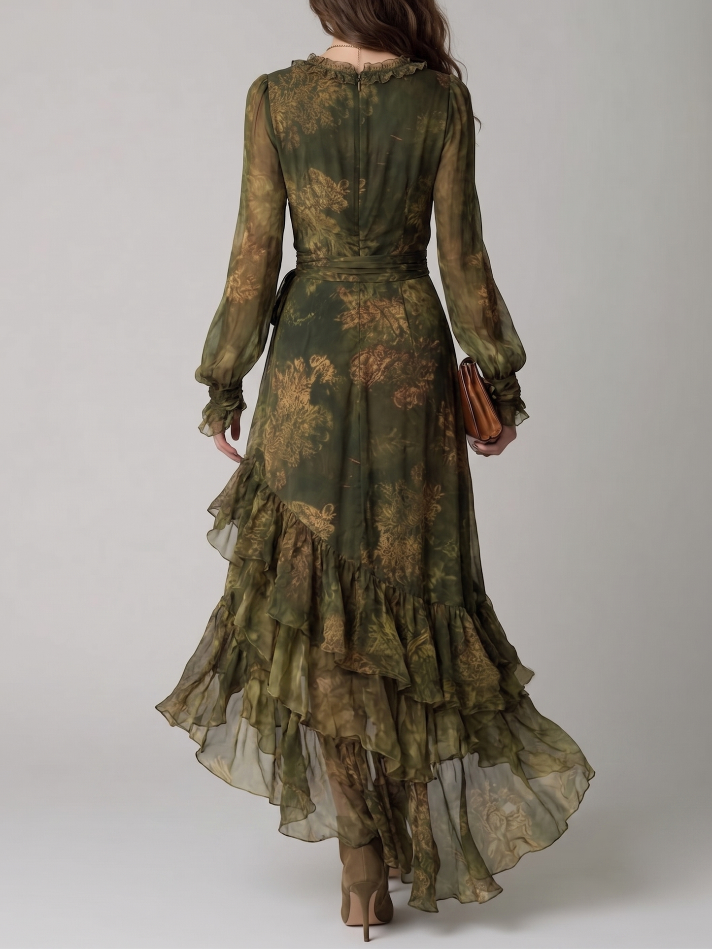 Elegant Green Floral Wrap Maxi Dress for Women with V-Neck Ruffle Tiered Hem