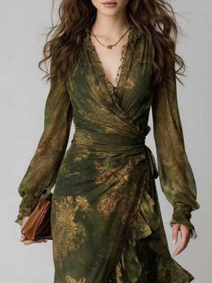 Elegant Green Floral Wrap Maxi Dress for Women with V-Neck Ruffle Tiered Hem