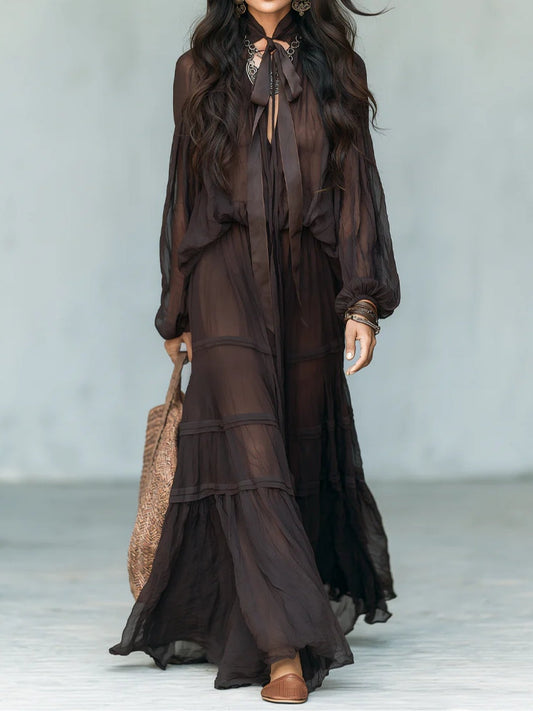Elegant Dark Brown Blouses for Women with Tie Neck Sheer Overlay Boho Maxi Two-Piece Set