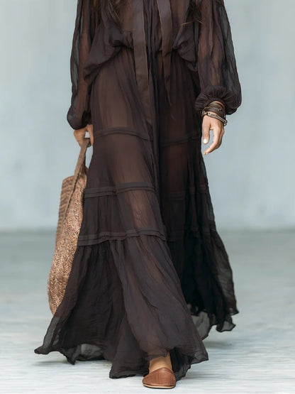 Elegant Dark Brown Blouses for Women with Tie Neck Sheer Overlay Boho Maxi Two-Piece Set