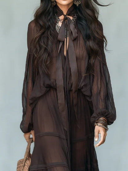 Elegant Dark Brown Blouses for Women with Tie Neck Sheer Overlay Boho Maxi Two-Piece Set