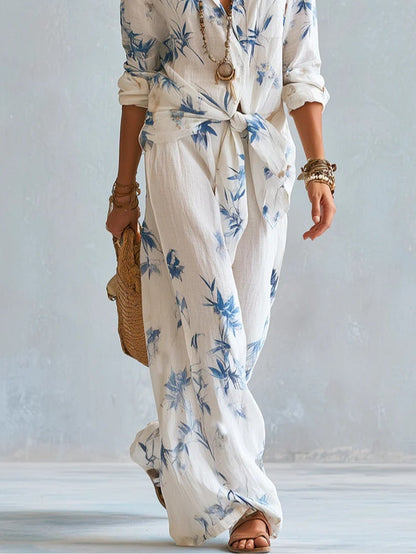 Effortless White Floral Print Two Piece Set for Women with Wide Leg Pants