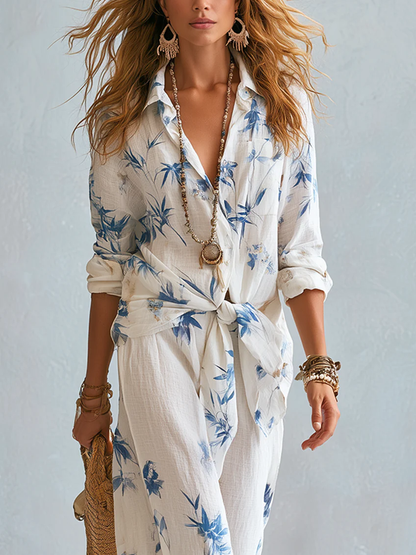 Effortless White Floral Print Two Piece Set for Women with Wide Leg Pants