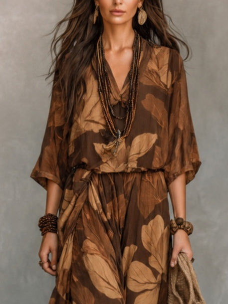Effortless Brown Leaf Print Blouses and Skirts Set for Women with Boho Flowy Maxi Style