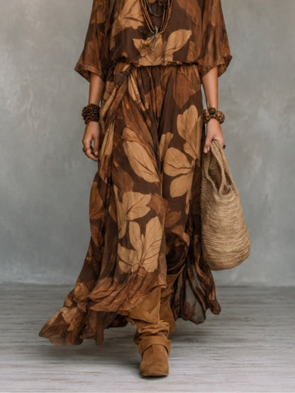 Effortless Brown Leaf Print Blouses and Skirts Set for Women with Boho Flowy Maxi Style