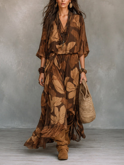 Effortless Brown Leaf Print Blouses and Skirts Set for Women with Boho Flowy Maxi Style