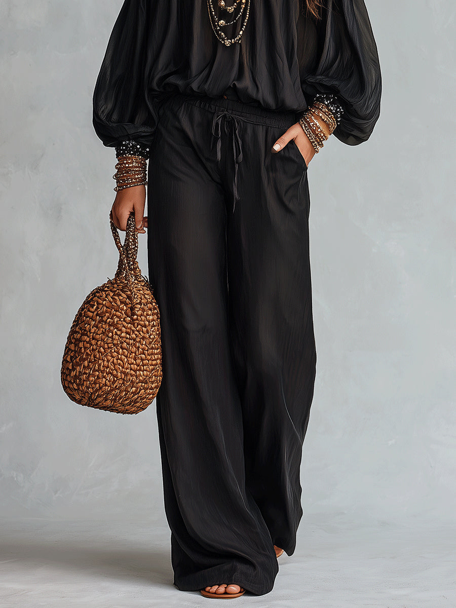 Stylish Black Off the Shoulder Top and Wide Leg Pants Set for Women with Sequin Trim