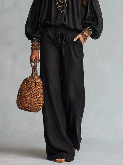 Stylish Black Off the Shoulder Top and Wide Leg Pants Set for Women with Sequin Trim