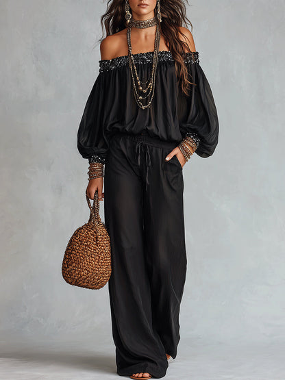 Stylish Black Off the Shoulder Top and Wide Leg Pants Set for Women with Sequin Trim