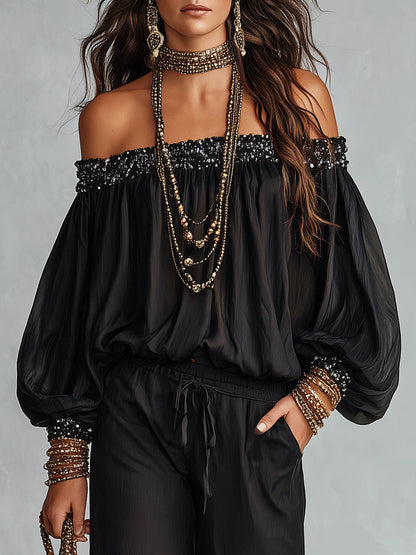 Stylish Black Off the Shoulder Top and Wide Leg Pants Set for Women with Sequin Trim