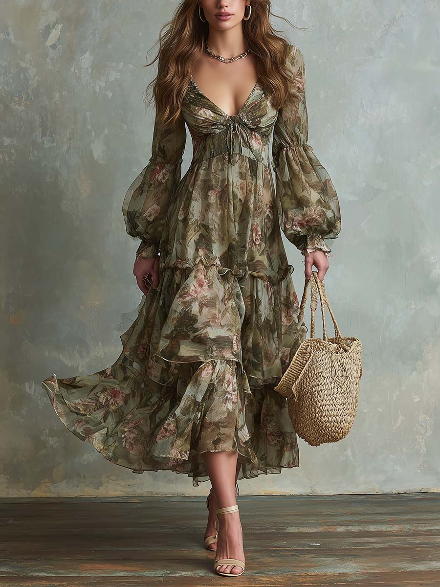 Elegant Green Floral Midi Dress for Women with Lantern Sleeves and Layered Ruffle Hem