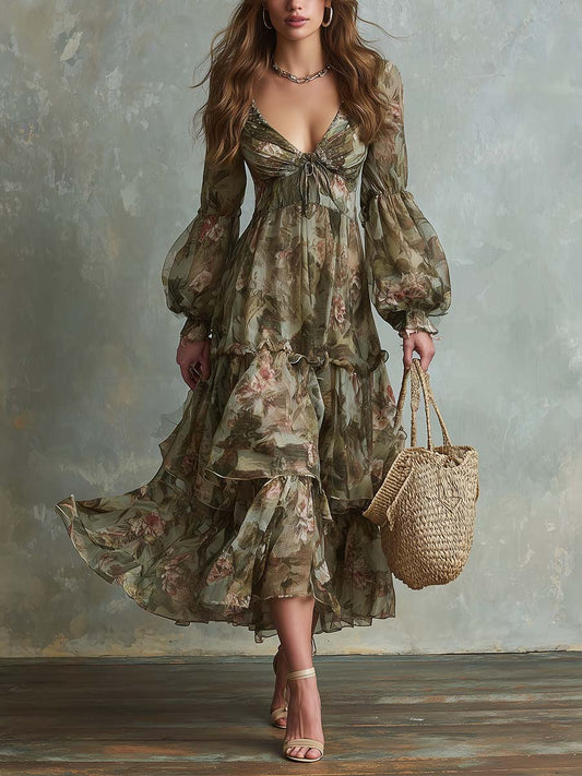 Elegant Green Floral Midi Dress for Women with Lantern Sleeves and Layered Ruffle Hem
