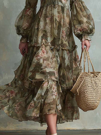 Elegant Green Floral Midi Dress for Women with Lantern Sleeves and Layered Ruffle Hem