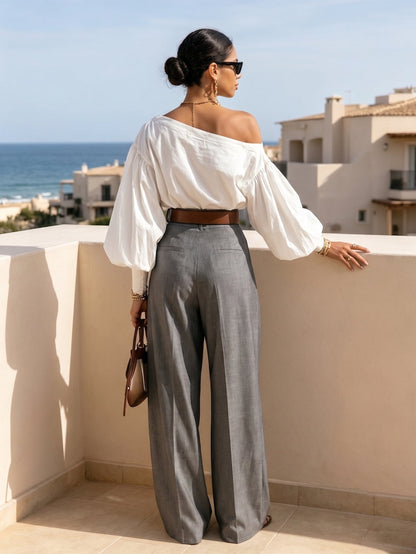 Elegant Two Tone Wide Leg Pants Set for Women with Off Shoulder Balloon Sleeve