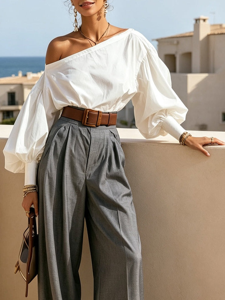 Elegant Two Tone Wide Leg Pants Set for Women with Off Shoulder Balloon Sleeve