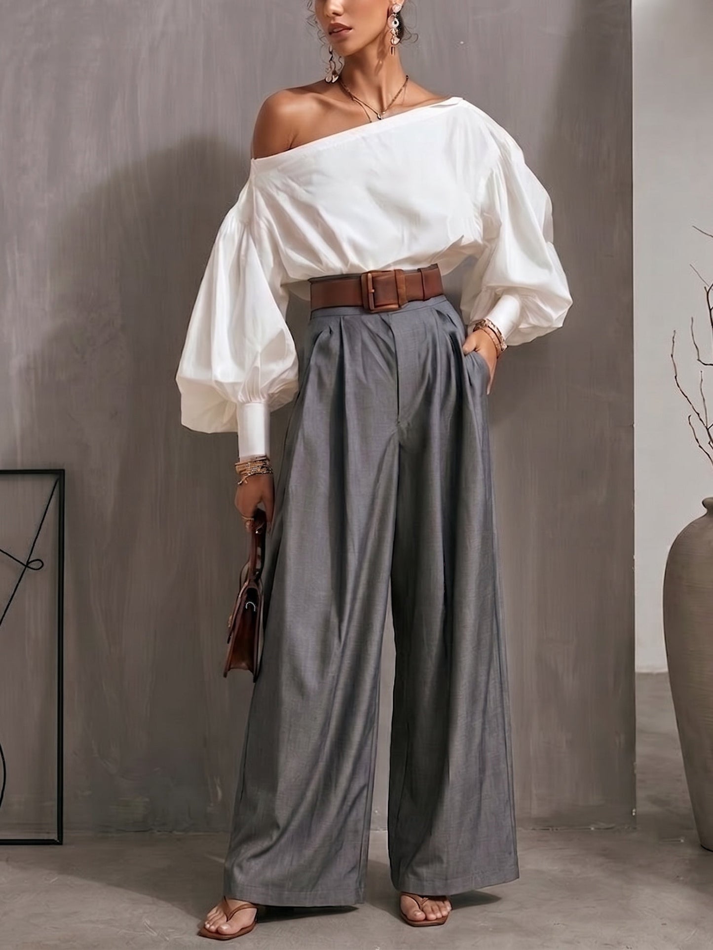 Elegant Two Tone Wide Leg Pants Set for Women with Off Shoulder Balloon Sleeve