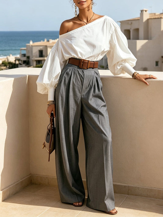 Elegant Two Tone Wide Leg Pants Set for Women with Off Shoulder Balloon Sleeve