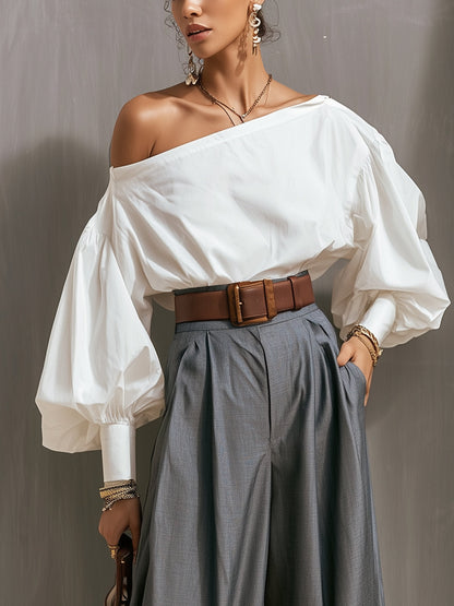Elegant Two Tone Wide Leg Pants Set for Women with Off Shoulder Balloon Sleeve