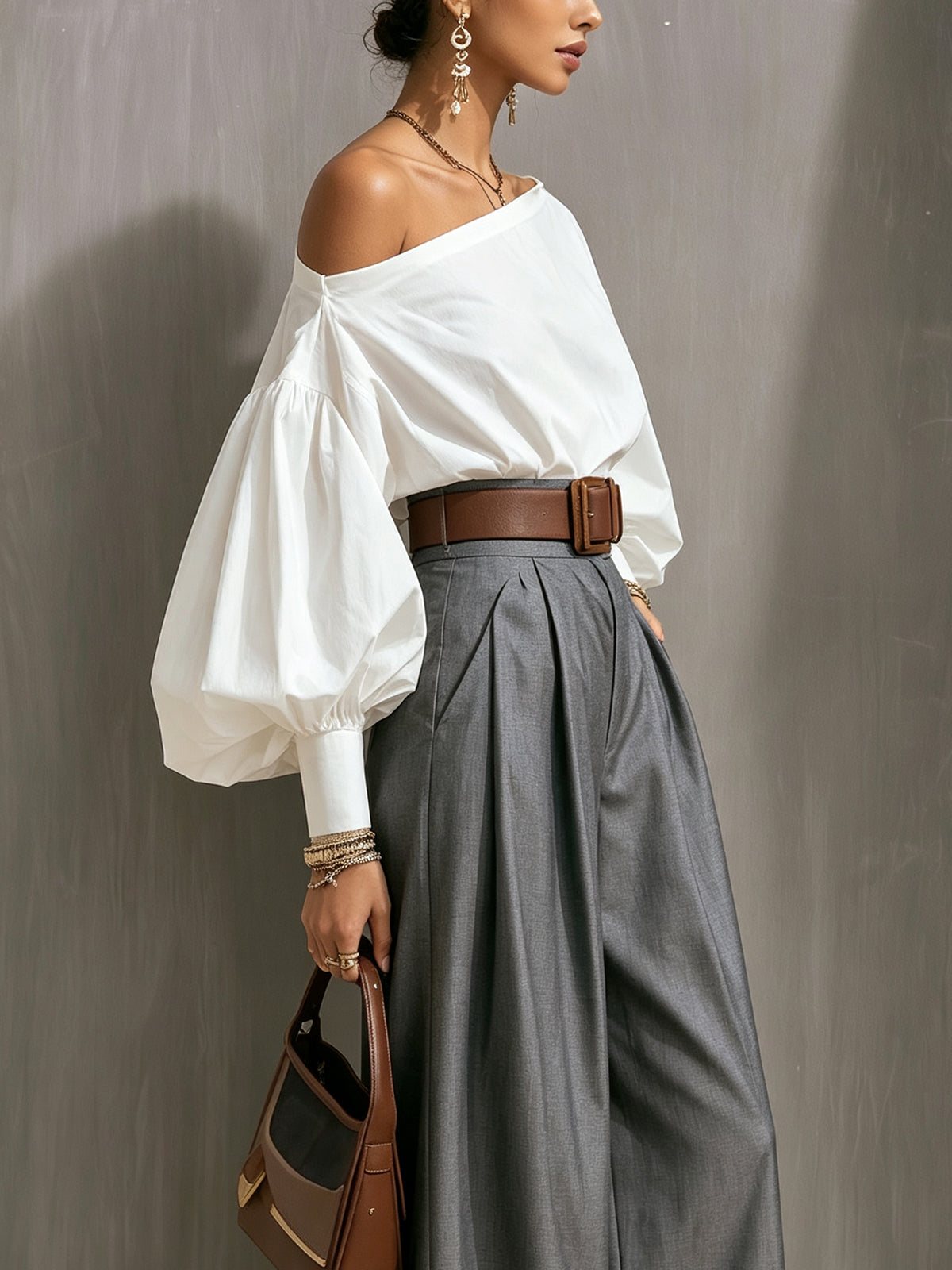 Elegant Two Tone Wide Leg Pants Set for Women with Off Shoulder Balloon Sleeve