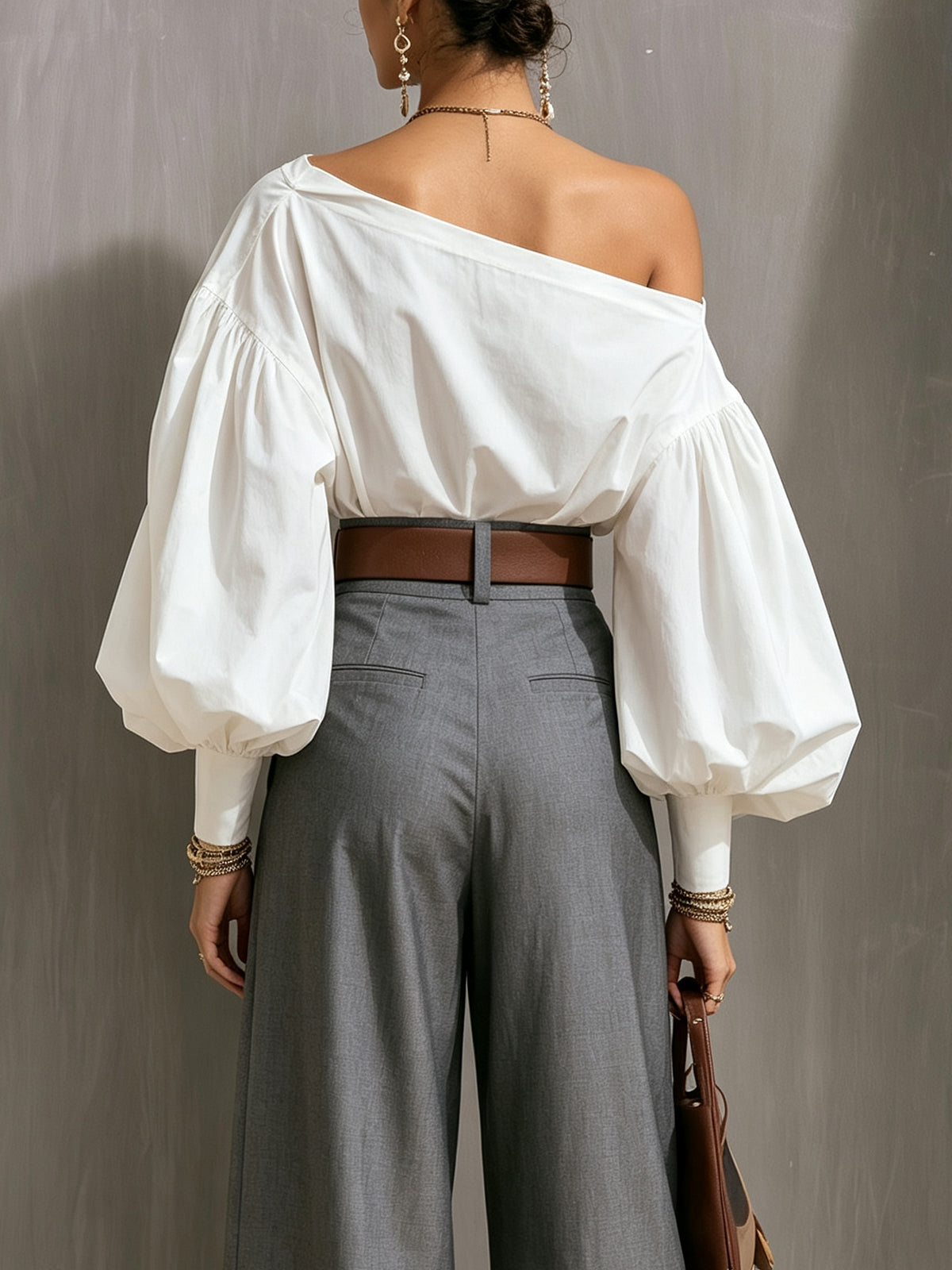 Elegant Two Tone Wide Leg Pants Set for Women with Off Shoulder Balloon Sleeve