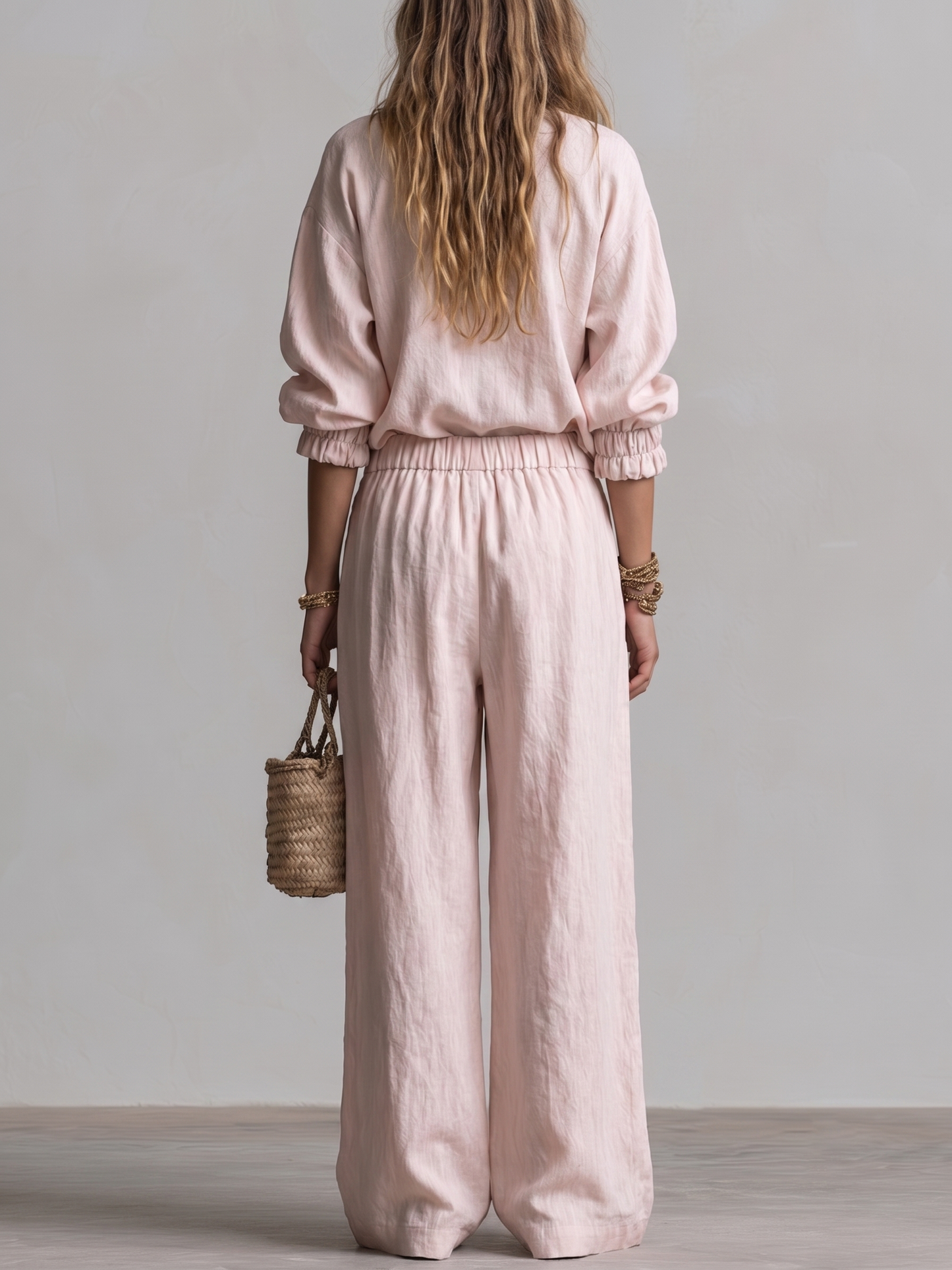 Effortless Pink Wide Leg Pants Set for Women with V-Neck Long Sleeve Two Piece