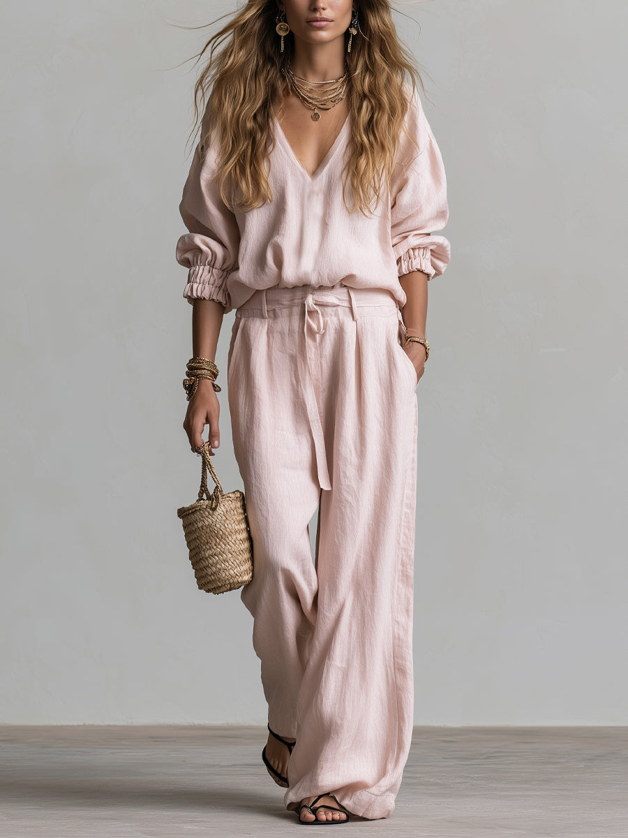 Effortless Pink Wide Leg Pants Set for Women with V-Neck Long Sleeve Two Piece