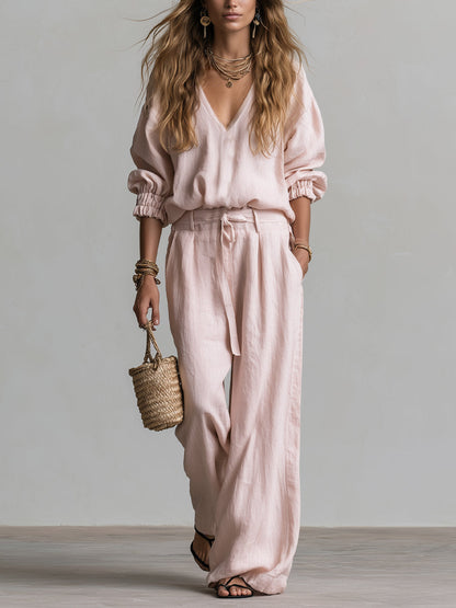 Effortless Pink Wide Leg Pants Set for Women with V-Neck Long Sleeve Two Piece