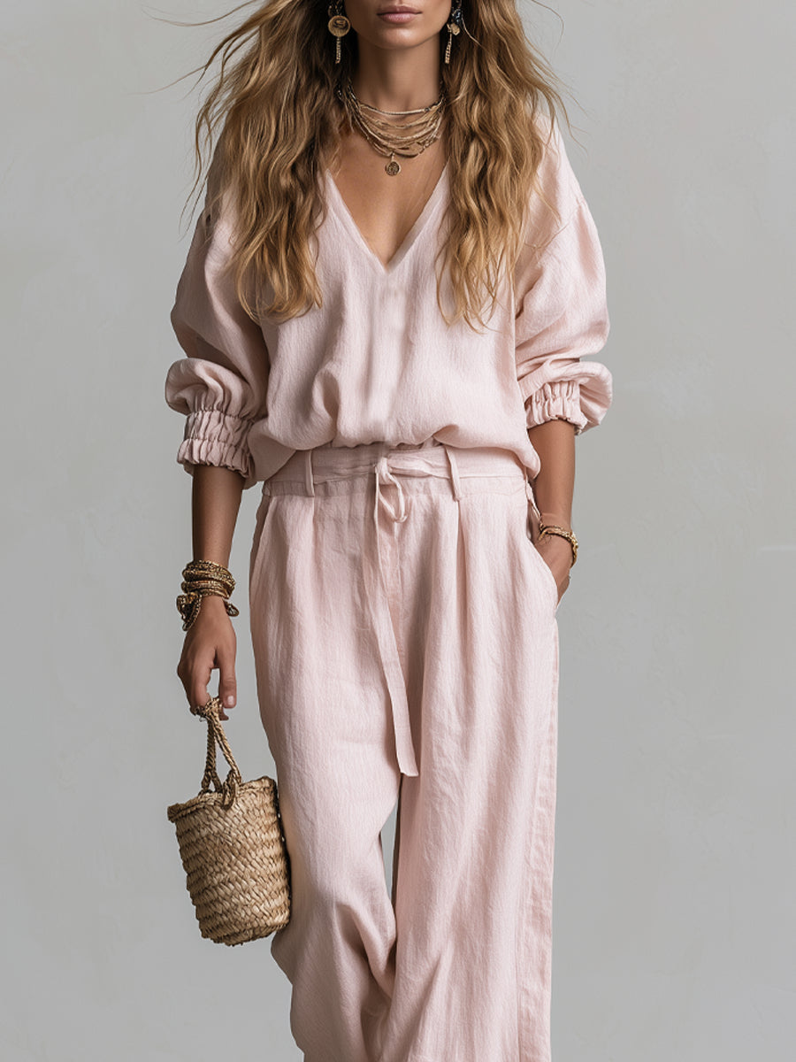 Effortless Pink Wide Leg Pants Set for Women with V-Neck Long Sleeve Two Piece