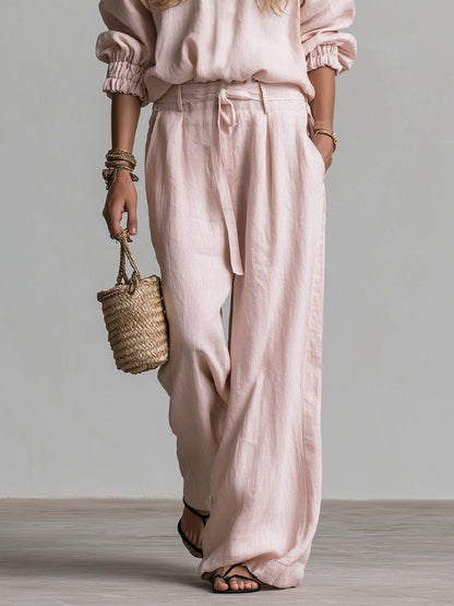 Effortless Pink Wide Leg Pants Set for Women with V-Neck Long Sleeve Two Piece