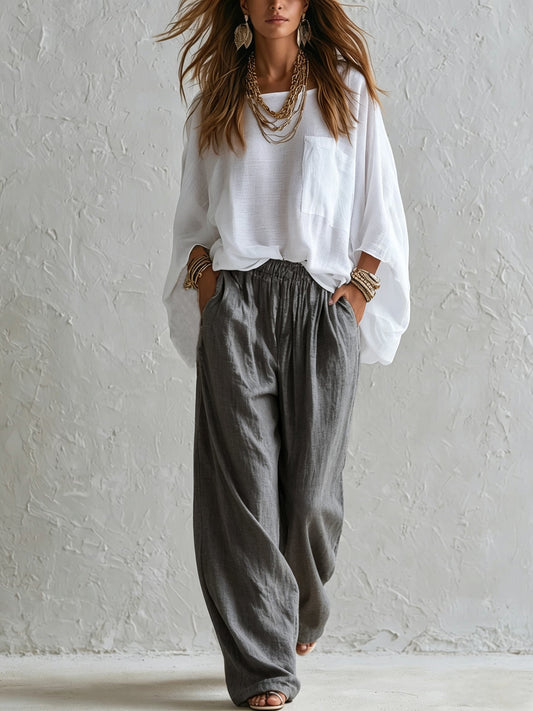 Effortless Olive Wide Leg Linen Pants for Women with High Waist Drawstring Flowing Style