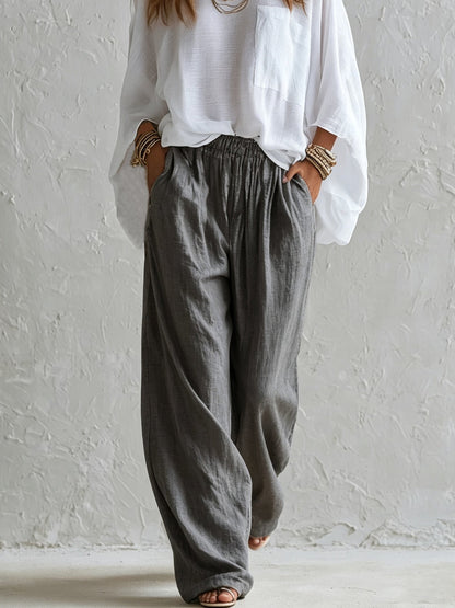 Effortless Olive Wide Leg Linen Pants for Women with High Waist Drawstring Flowing Style