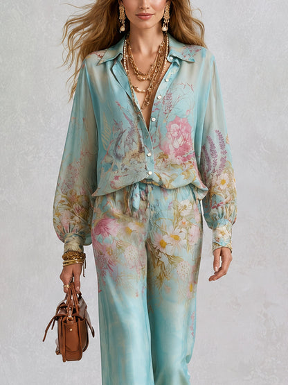 Effortless Floral Wide Leg Pants Set for Women with V-Neck Long Sleeve Two Piece
