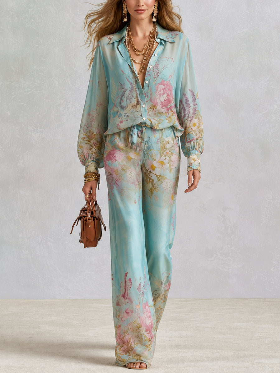 Effortless Floral Wide Leg Pants Set for Women with V-Neck Long Sleeve Two Piece
