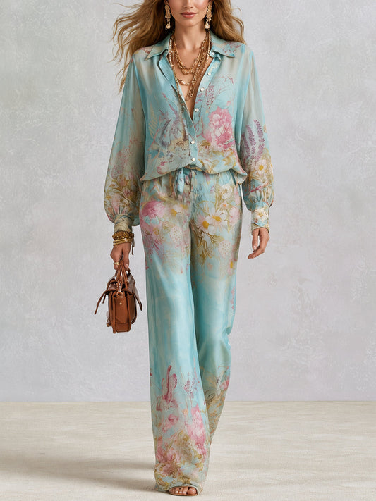 Effortless Floral Wide Leg Pants Set for Women with V-Neck Long Sleeve Two Piece